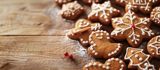 Poster - Close up of various decorated gingerbread cookies on a wooden surface set against a festive Christmas or winter backdrop with copy space image