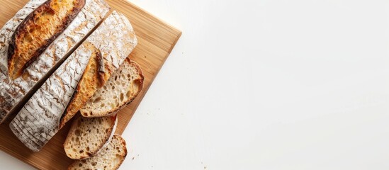 Aufkleber - Top view of a sliced loaf of bread on a wooden cutting board against a white backdrop with empty space for additional elements in the image