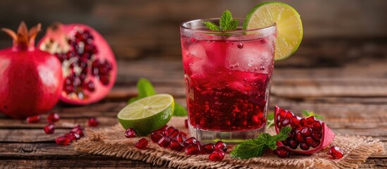 Fototapete - Glass with a pomegranate drink lime slices and mint on a colorful wooden surface with burlap fabric underneath providing a refreshing copy space image