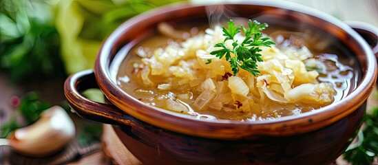 Aufkleber - Russian shchi a traditional cabbage and sauerkraut soup forms a classic dish. with copy space image. Place for adding text or design