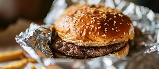 Aufkleber - Close up image of a large beef hamburger in foil packaging with copy space image
