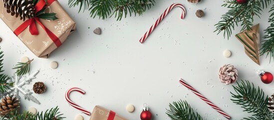 Poster - Festive holiday arrangement featuring a present evergreen branches and sweets on a blank white backdrop Overhead shot with room for text in the image. with copy space image