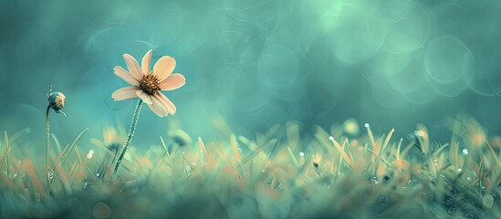 Poster - A small flower on grass with a nostalgic flair against a blue backdrop with focus on the flower and vintage coloring creating a serene copy space image