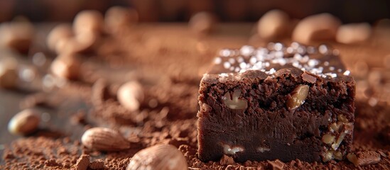 Poster - Indulge in a decadent chocolate brownie with a sprinkling of nuts Enjoy this delightful chocolate treat with your tea or coffee made from a blend of sugar flour chocolate and eggs with a copy space im