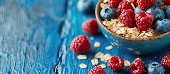 Aufkleber - An artistic studio shot showcasing oats topped with fresh blueberries and raspberries on a rustic blue wooden background with copy space image