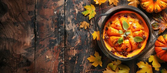 Poster - Traditional fall treat of grilled pumpkin served warm as dessert on a rustic table with yellow leaves and viburnum Top view with copy space image ideal for Halloween