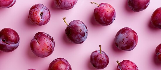 Poster - Plump ripe plums scattered on a soft pink background with gentle lighting creating a captivating copy space image
