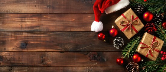 Poster - Wooden board with Christmas decorations gift boxes and a Santa hat perfect for a copy space image