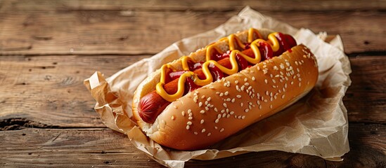 Poster - Close up image of a delicious hot dog on a wooden table with copy space image available