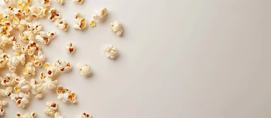 Canvas Print - Top view of appetizing popcorn on a white surface with copy space image