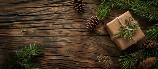 Poster - Top view of wood grunge board with a gift box larch branch with cone and copy space image for text placement