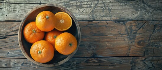 Fototapete - Oranges in a bowl on a rustic wooden table with empty space for a picture. with copy space image. Place for adding text or design