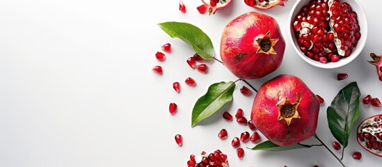 Leinwandbilder - Top view of a pomegranate fruit arrangement on a white background with available copy space image