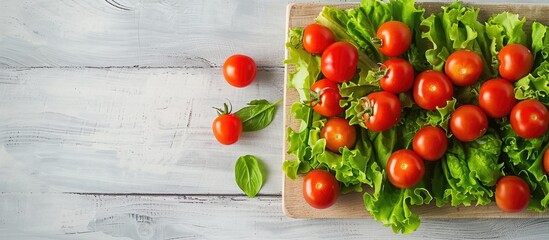 Aufkleber - Organic cherry tomatoes and green lettuce arranged on a cutting board on a white wooden table providing a fresh and vibrant copy space image