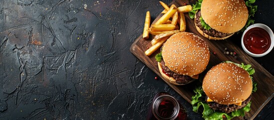 Aufkleber - Wooden cutting board featuring two homemade beef burgers and fried potatoes with ample copy space image