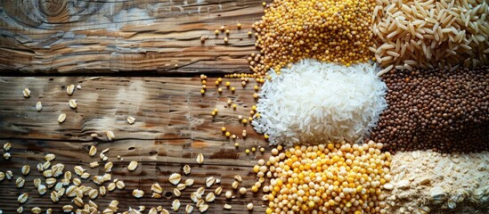 Fototapete - Variety of raw cereal foods like millet brown and white rice flour and oatmeal grains displayed on a weathered wooden background with copy space image