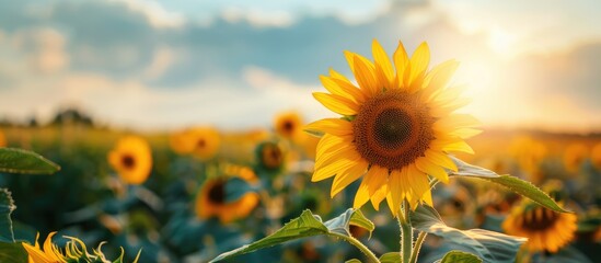 Poster - Summer day with a stunning blooming sunflower in a field provides ideal copy space image