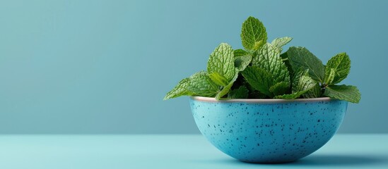 Poster - Blue backdrop hosts a bowl of fresh mint leaves with ample copy space image