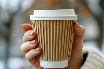 Wall Mural - AI generated picture of hand hold cup of tasty cappuccino coffee to go