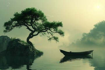 Sticker - Beautiful landscape boat and growing tree in water generative AI concept