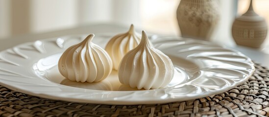 Aufkleber - A high angle view displays two gourmet meringues on a white platter on a woven placemat with a beautiful copy space image