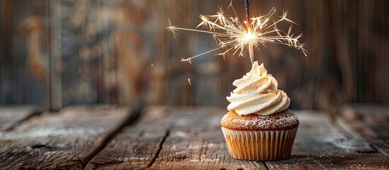 Poster - Wooden background with a cupcake topped with a sparkler Ideal for adding text with copy space image