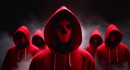 Wall Mural - red masked red hooded figures on smokey black background