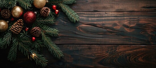 Poster - Christmas tree with ornaments on dark wooden surface ideal for copy space image