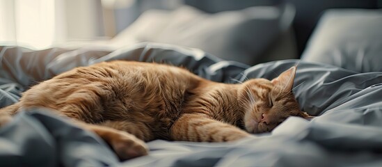 Wall Mural - A cat that sleeps on the bed showing a diversified range in a copy space image