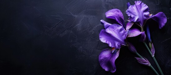 Poster - Close up of a purple iris flower against a dark backdrop creating a summer themed image with copy space