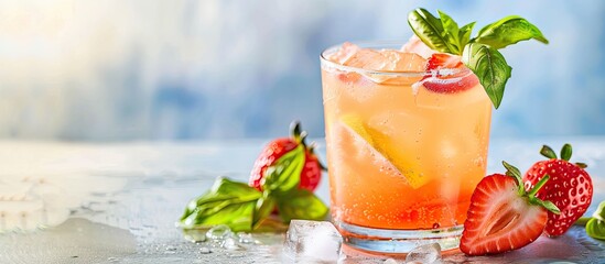 Poster - Strawberry Basil Lemonade cocktail in a glass with a strawberry garnish displayed in a copy space image