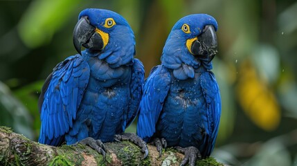 Two vibrant blue parrots with yellow accents are perched closely on a mossy branch in a lush green forest, showcasing their striking plumage and companionship.