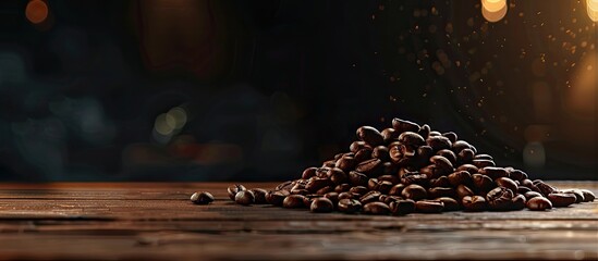 Aufkleber - A warm and cozy setting displaying stacked coffee beans on a wooden surface contrasted against a dark backdrop leaving room for text or other elements in the image. with copy space image