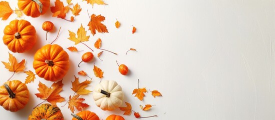 Poster - Top down view of pumpkins and autumn leaves on a white backdrop with space for text or images ideal for Halloween or Thanksgiving themes. with copy space image. Place for adding text or design