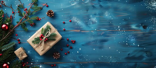 Poster - A beautifully gift wrapped present on a blue wooden surface with a festive backdrop seen from above with space for additional images