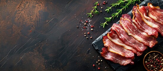 Aufkleber - Rustic top view image of a fresh bacon slice and pork strips laid on a table as a tempting appetizer or meal providing a copy space food background