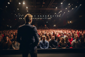 Wall Mural - Generative AI illustration motivational speaker with microphone in hand in front of audience at conference room