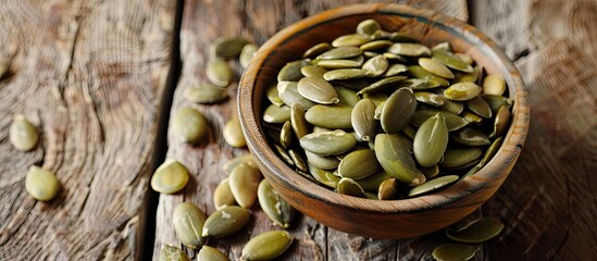 Poster - A bowl of unprocessed pumpkin seeds placed on a wooden table with room for text alongside the image. with copy space image. Place for adding text or design