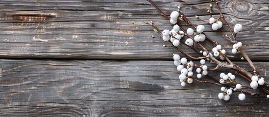 Aufkleber - Wooden background with a branch adorned with white berries for your design perfect copy space image