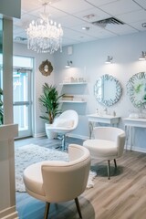 Poster - elegant spa waiting area with modern white chairs, chandeliers, and stylish decor in a bright and welcoming setting