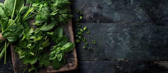 Aufkleber - Copy space image of various fresh greens like spinach dill parsley sorrel and green onions on a rustic cutting board atop a dark aged wooden surface in a top down perspective