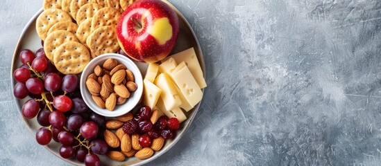 Aufkleber - Assorted healthy snack options including apples red grapes almonds cranberries Swiss cheese and crackers on a plate with copy space image