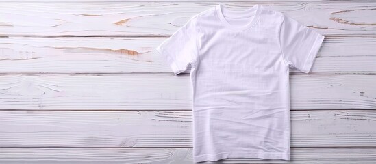 Wall Mural - Top view of a stylish t shirt displayed on a white wooden surface with copy space image