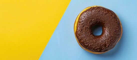 Poster - Copy space image featuring a chocolate donut placed on a blue and yellow background