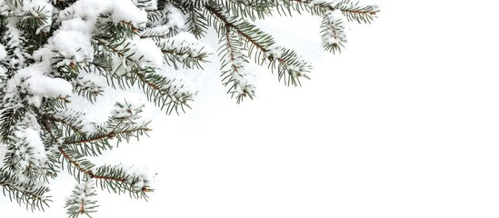 Poster - Snow covered pine tree branches against a white backdrop with ample copy space image