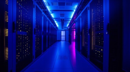 Wall Mural - Rows of server racks in a technology center, illuminated in a dark room with blue LED lights