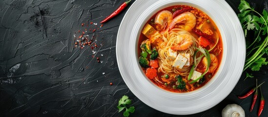 Fototapete - Top down view of a white plate with a variety of traditional Chinese soups featuring shrimp mushrooms tofu cheese and vegetables on a black background leaving space for an image