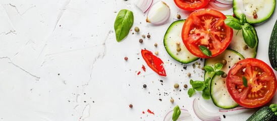 Aufkleber - Cooked zucchini with tomato and onion on white background with copy space image