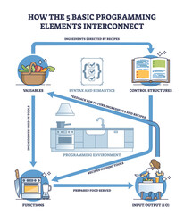Wall Mural - how the 5 basic programming or coding elements interconnect outline diagram, transparent background.
