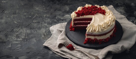 Poster - Red velvet cake atop a dark gray concrete surface with a canvas napkin allowing for a copy space image